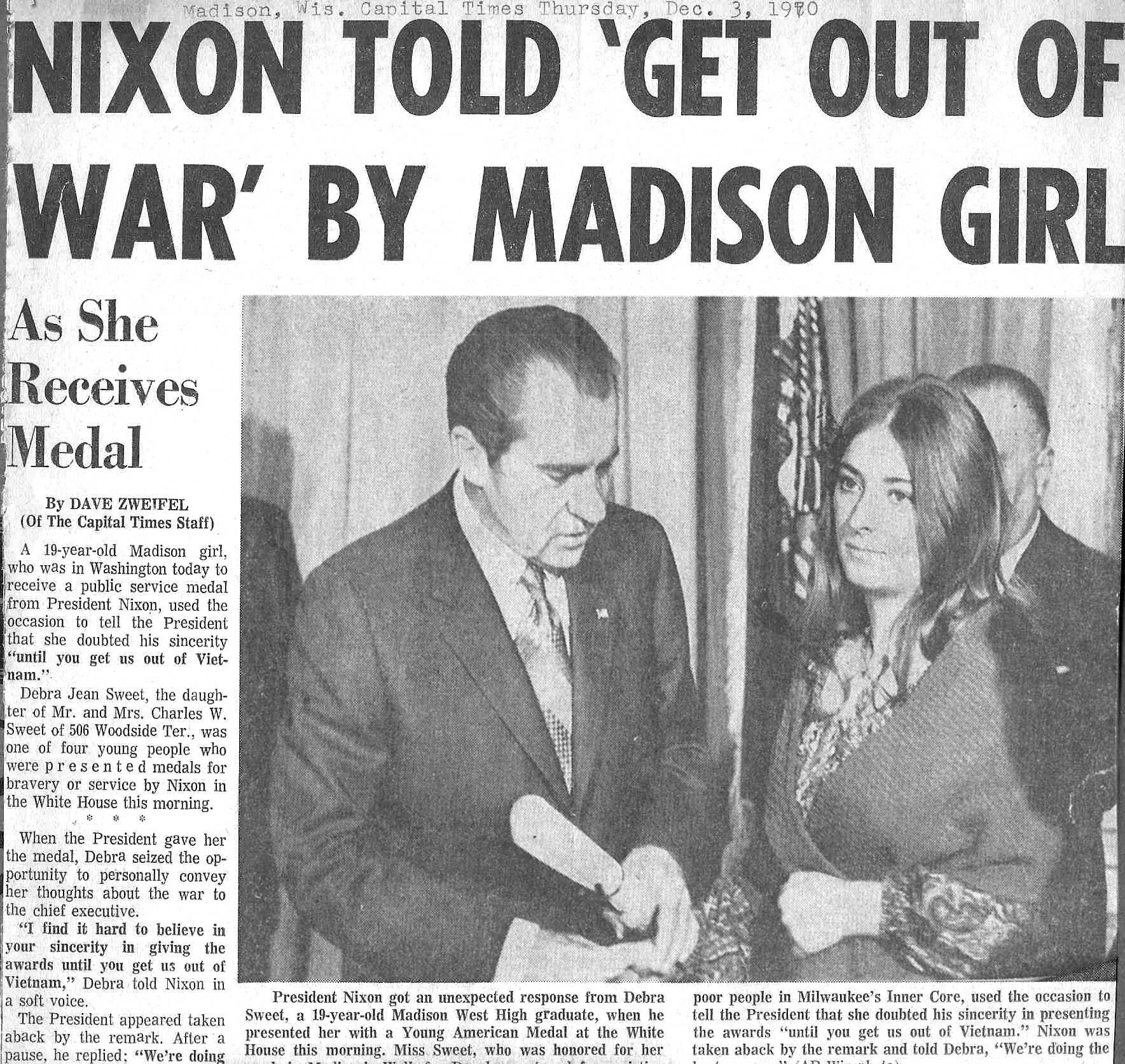 Nixon Told to Get Out of War by Madison Girl